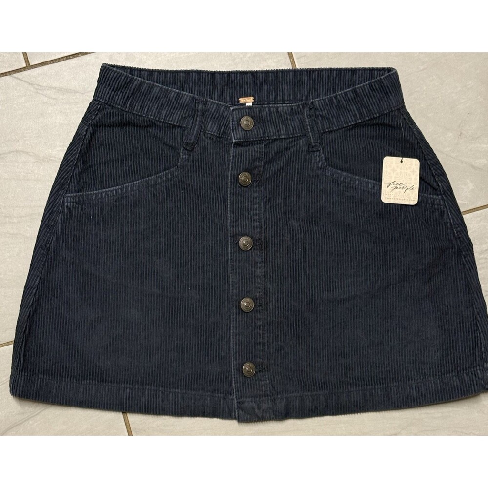 Free People Corduroy Mini Skirt 4 Navy Blue Button Front Boho Retro NEW NWT Fall